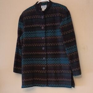 Vintage Patterned Women's Wool Blend Jacket in Teal and Brown, Sz M, See Dims.